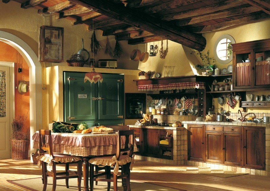 Old-style-kitchen-furniture-with-cupboard-cabinets-sink-stove-chairs-and-table