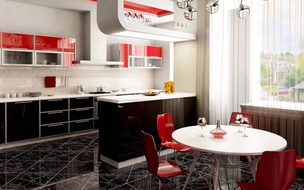 marble tiles flooring black and red kitchen cabinets white countertops