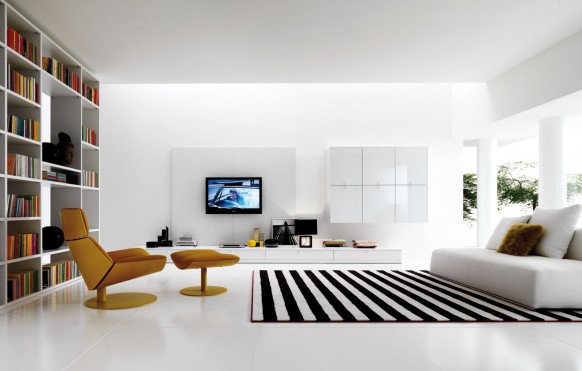 white and black room bookshelf in the room Interior design living room modern style art deco