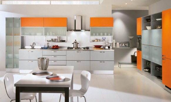 Orange and Grey modern kitchen 582x346 Modern Style Italian Kitchens from Scavolini