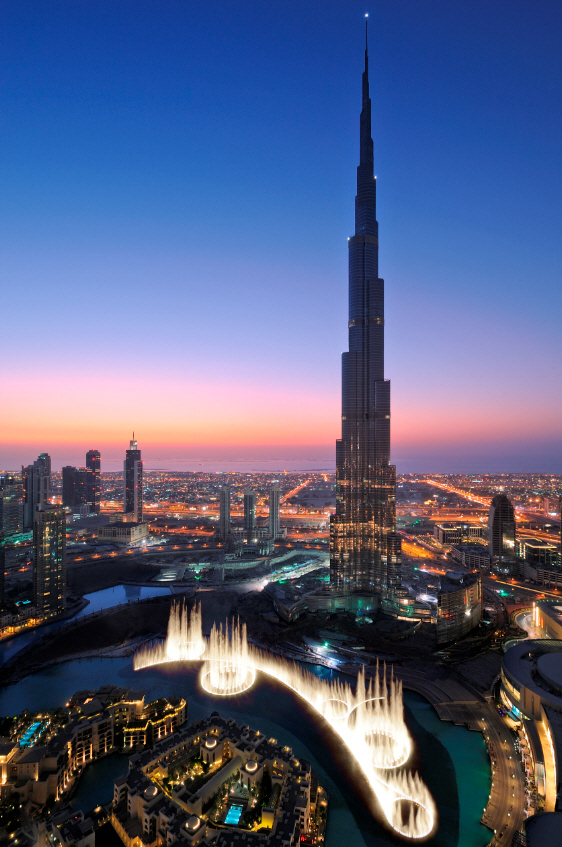 Sunset city view of Dubai Armani hotel Interiors of Armani Hotel Dubai, Burj Khalifa