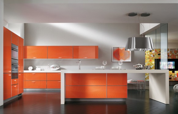 scavolini Orange Kitchen herringbone wood tile 582x374 Modern Style Italian Kitchens from Scavolini