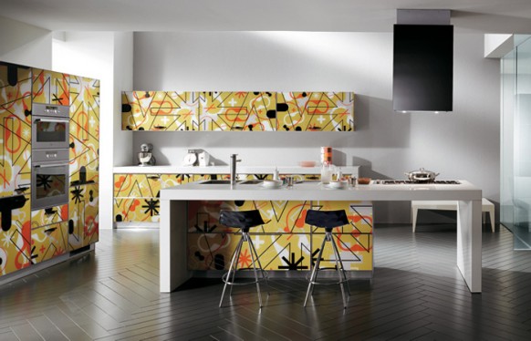 scavolini yellow graphic print kitchen cabinets 582x374 Modern Style Italian Kitchens from Scavolini