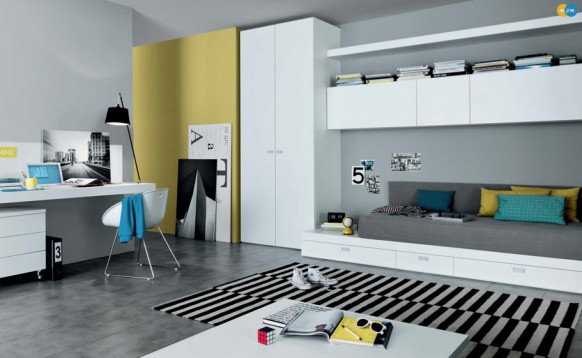 mustard black white Contemporary Teenagers Room