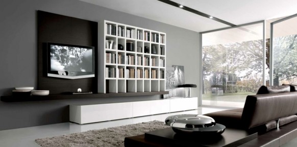 white grey brown contemporary living spaces built ins