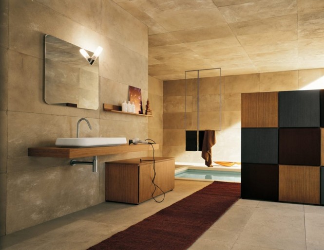 bathroom with stone walls 665x514 50 Modern Bathrooms