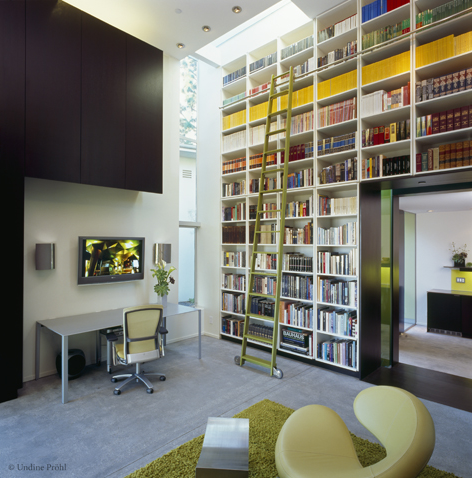 bookshelf with yellow detail