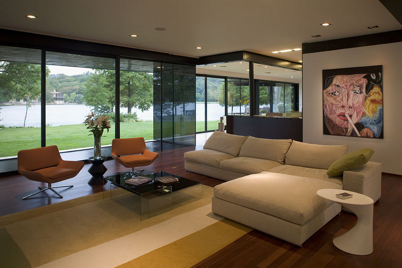 modern living room with lake view