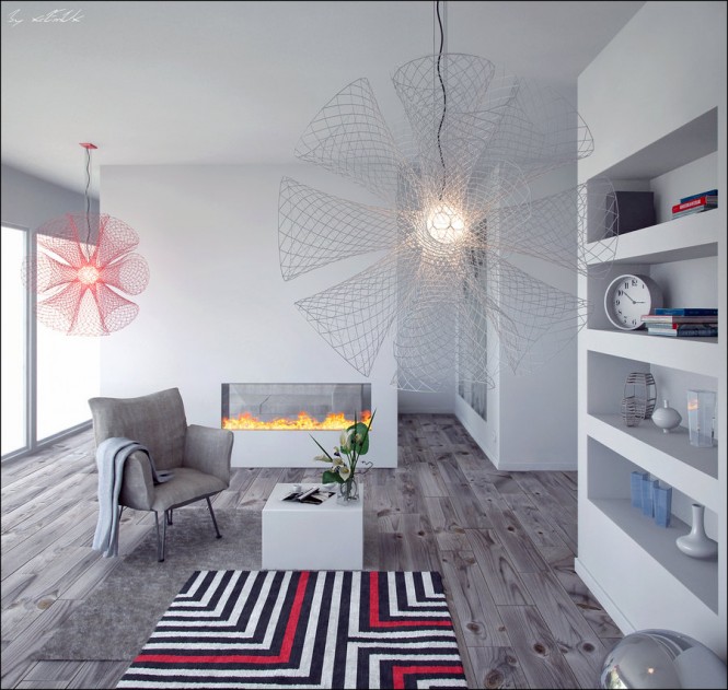 This room is equal parts soothing and relaxing, equal parts funky, with its overwhelming use of grey, but with spurts of red in the carpet and light fixture.
