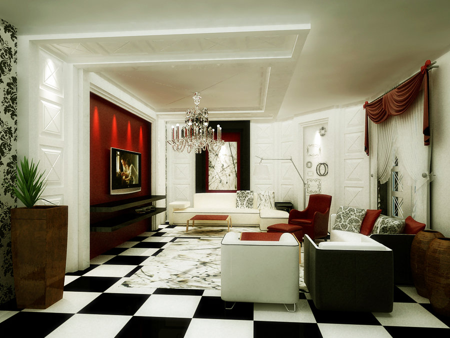 The pops of red offer life to the black and white dynamics of this living area, and the black and white checkerboard plays nicely alongside the black and white floral graphic print on the walls.