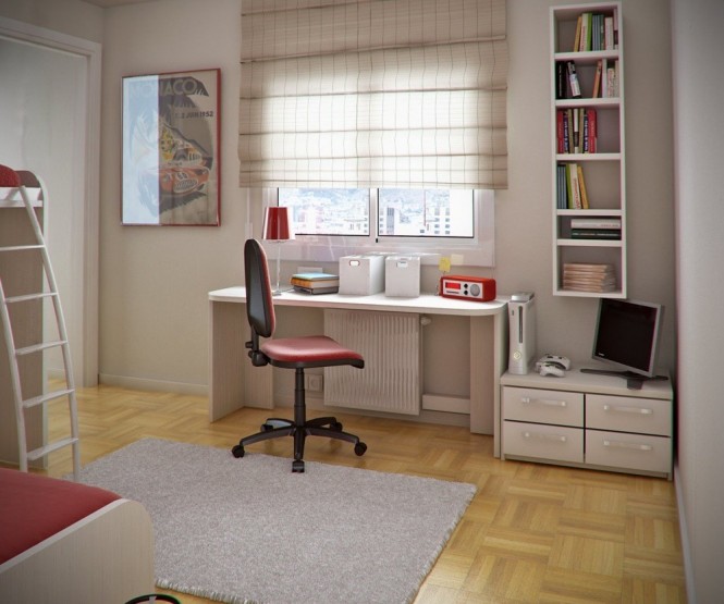 A clean space, devoid of clutter or extra unecessary things, makes this a space that is easy to focus in. The furniture is simple, sturdy, and white--with only a few pops of red, but no overwhelming use of color. This seems like the ideal workspace for a high school or even college student.