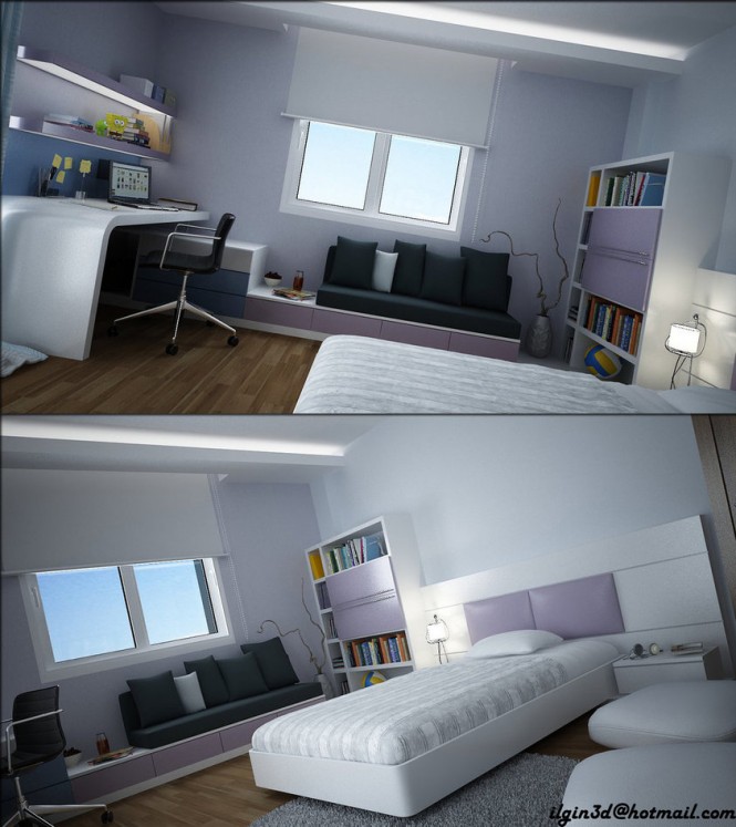 Here is a modern, young person's room, decorated with a touch of color and a modern workspace.
