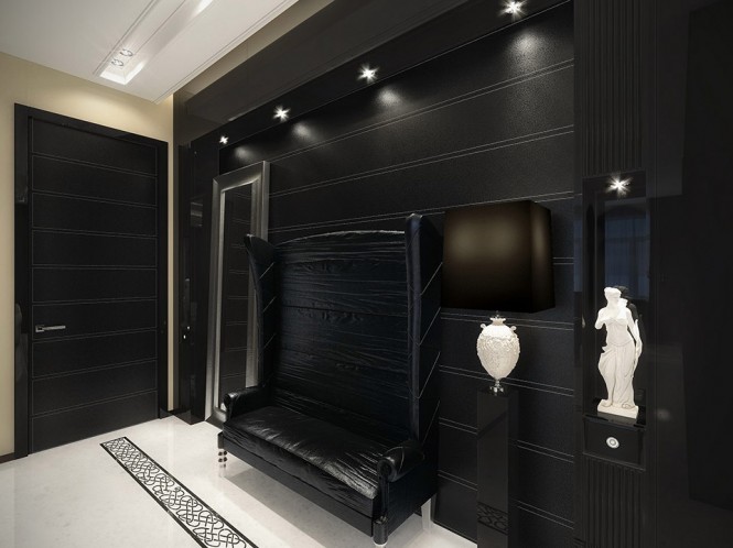 black hall with white touches
