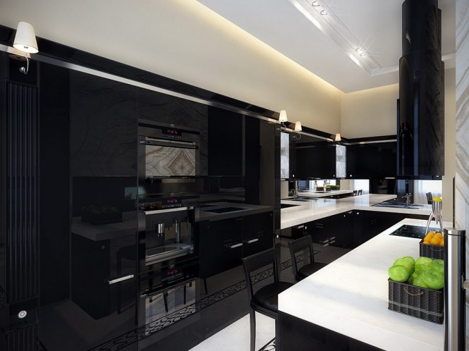 black kitchen with white countertop