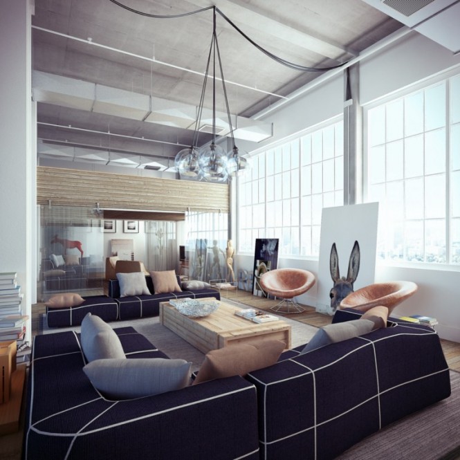 industrial loft with white and navy blue