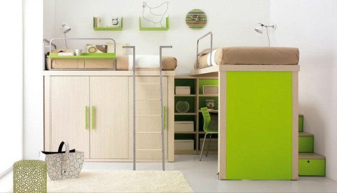 shared kids room in lime and white