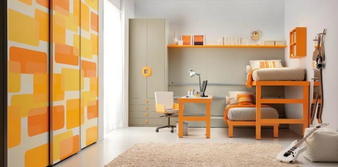 shared kids room in orange and white