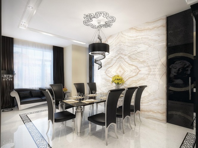 white marble dining room with black furniture
