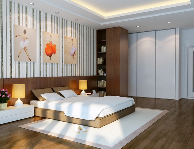 vu khoi white and brown bedroom with ballerinas on walls