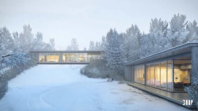 Glass sided house in snow