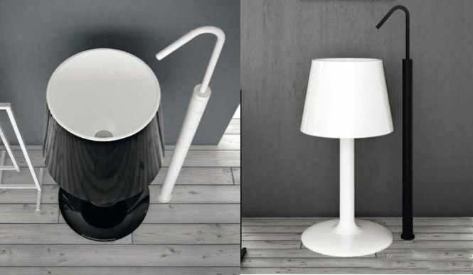 Another surprisingly elegant basin shape is inspired by a table lamp, paired with a stand pipe mixer that would look at home in an umbrella stand!
