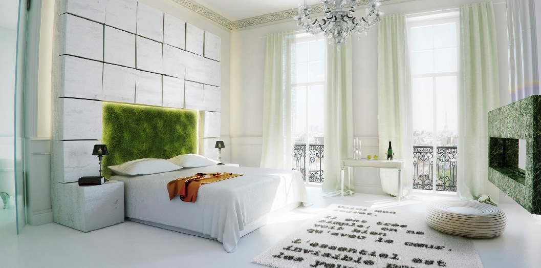 nature inspired master bedroom, complete with mossy headboard and ...