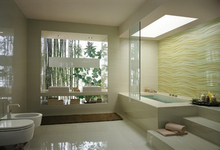 Cream wave bathroom tile stepped bathtub