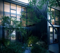 At the front of the home, a towering glass façade overlooks a zen-like courtyard, on the approach to a minimalist entranceway flanked in wood. Slender trees soften the lines of the modernistic architecture and encourage a more naturalistic feel that in turn leads into the pure materials of the interior.