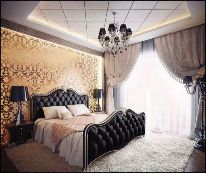 Bu ortamda lüks metalik altın duvar kağıdı zenginlik ve cesur siyah mobilya ve aksan parçaları arkasına yerleştirilen glamour haykırıyor.