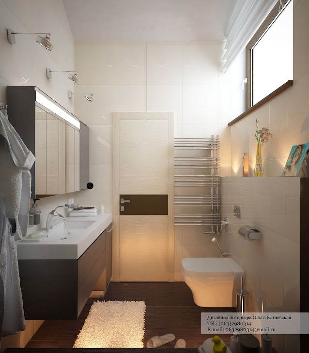 A low false wall hides away the plumbing of the modern floating toilet in this bathroom, as well as providing an extra shelving area for knick-knacks.