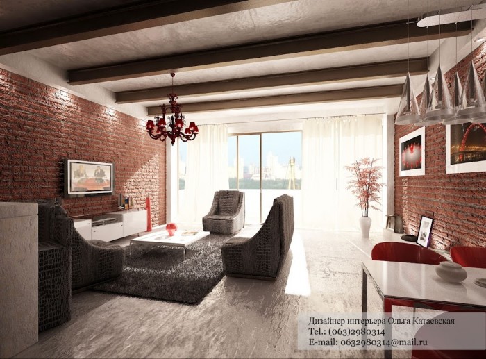 Red white gray living room