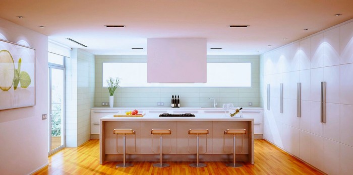 Banks of floor to ceiling kitchen cupboards are large enough to store overflow from the entire household.