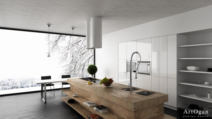 Starting off with a simple white and wood kitchen, check out this chunky kitchen island, constructed like an oversized butchers block to contrast against the slim units and exposed shelving in the backdrop. The large island takes the starring roll in this layout, set off by a flourish in the form of an equally oversized faucet.