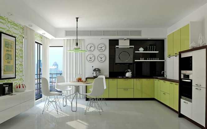 The simplest way to introduce impact is with color, and this bright green cabinet run streaks ahead of most hues with zest.