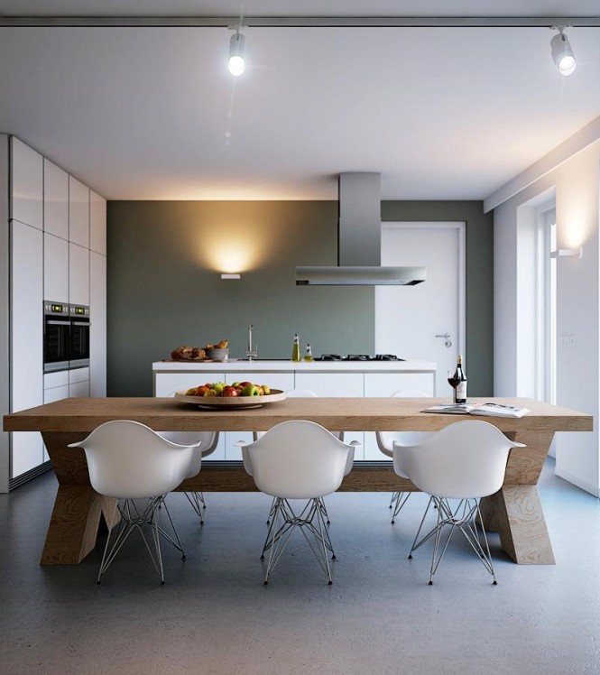 Here we see an alternative design that brings the earthy gray tone over onto an adjacent wall, making the ice white kitchen units stand out more crisply.
