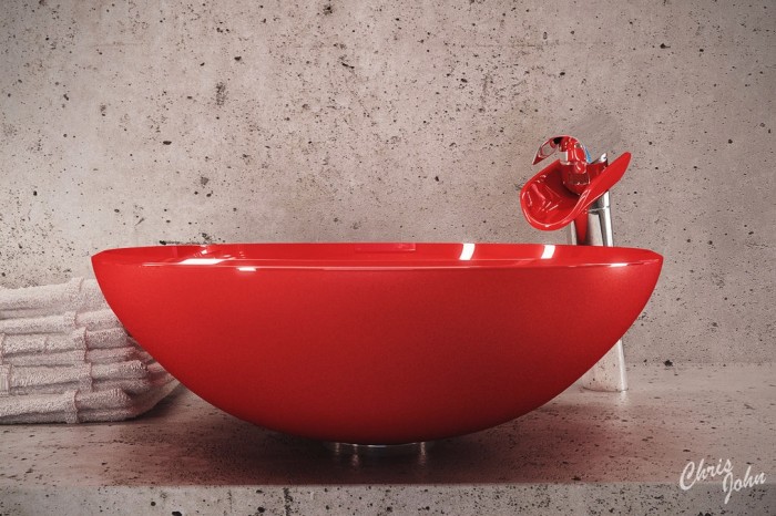 Modern bath with red vessel sink