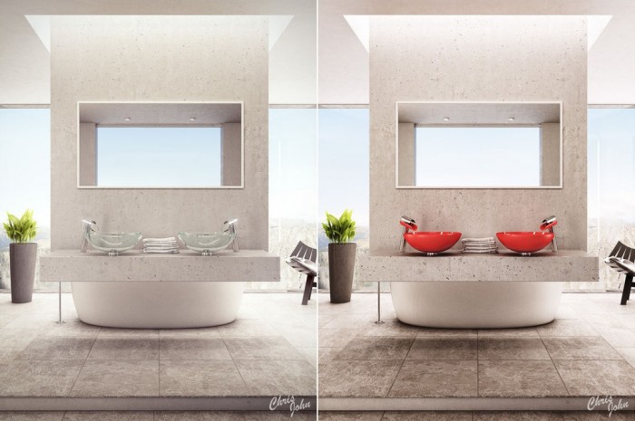 Tasarımcı Chris John ilham açık banyo açık havada ve iç mekan arasındaki engeli kırar.  O bir havadar itiraz oluşturmak için yerden tavana kadar nötr, doğal taş kullanır.