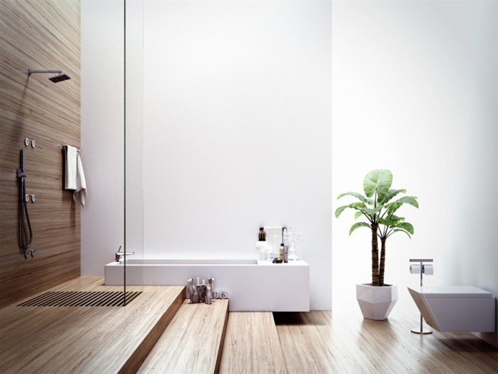 Bu minimalist banyo organik ve doğal hissediyor bir Asya çekiciliği vardır.  Bambu duş zemin ve döşeme ile eşleştirilmiş beyaz duvarlar, sakin, dinlendirici bir banyo deneyimi için yapmak.