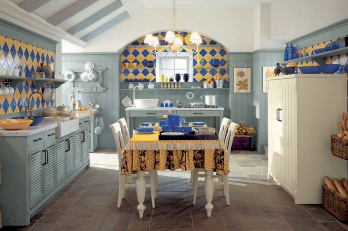 blue and yellow tile country kitchen