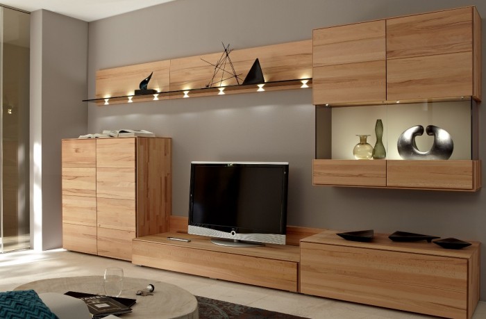 flat front modern wood media center with wall unit
