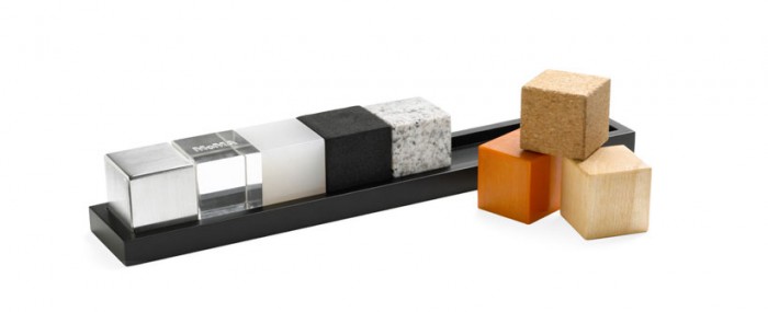 Architect Cubes: Made of maple wood, bakelite, cork, granite, EVA, silicone, acrylic, and aluminum. Designed to encourage the creative exploration of forms and materials.