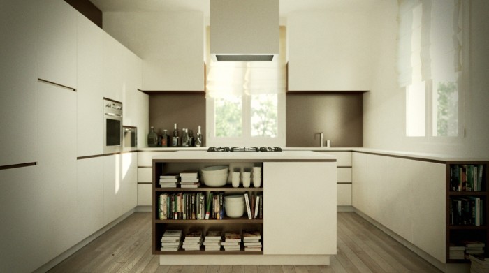This wood accented island with bookcase offers a spot of warmth and personality in an otherwise sleek modern kitchen.