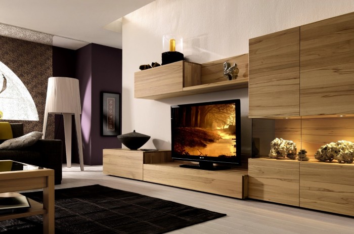 light wood media center with wall unit