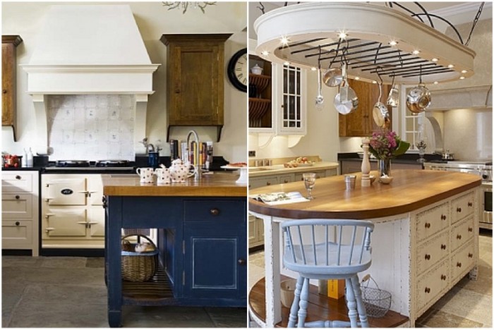 These Old World style gourmet kitchens boast islands in charming wood, one with a large solid work surface, the other with a bar sink and task area.