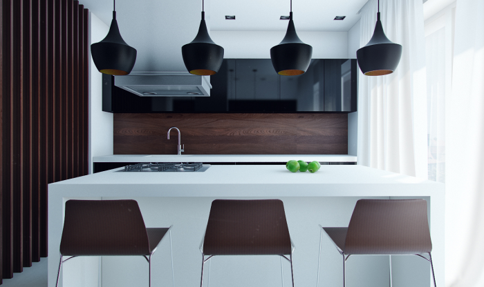 This extremely compact kitchen utilizes one side of the kitchen island to accommodate seating.