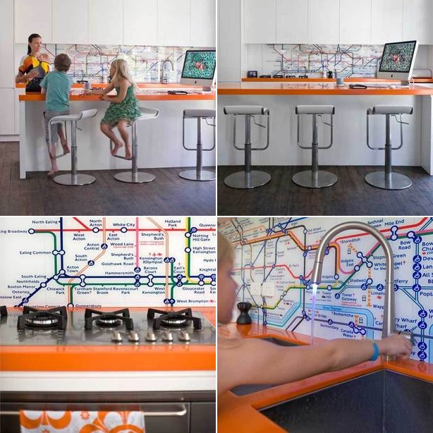This Subway map graphic backsplash adds a touch of fun to the family kitchen.
