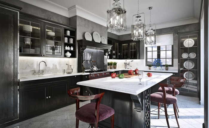 We don't often associate black and grey as being warm and welcoming, but this kitchen pulls it off beautifully using a myriad of reflective surfaces, metallic finishes and brilliant lighting.