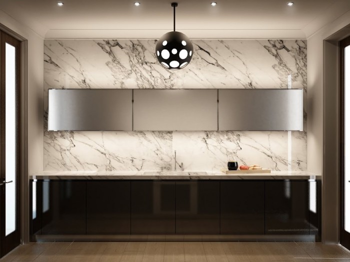 Marble is a popular choice for luxury kitchen backsplashes and walls.