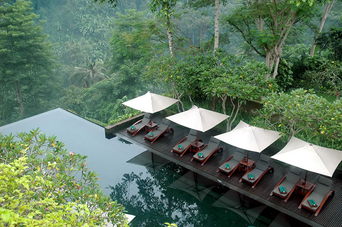 This lagoon pool's infinity edge appears to drop off into the vast jungle below.