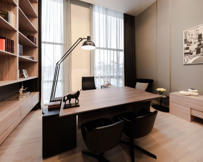 A home office sits on the second floor away from the hustle and bustle of the downstairs living space.